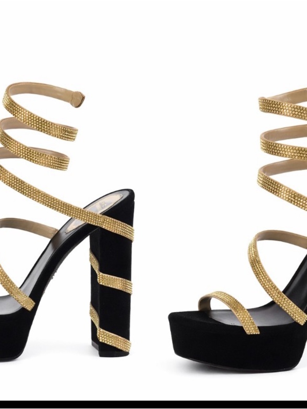 Rene Caovilla Black Velvet Platform Sandals with Gold Crystal Spiral Straps